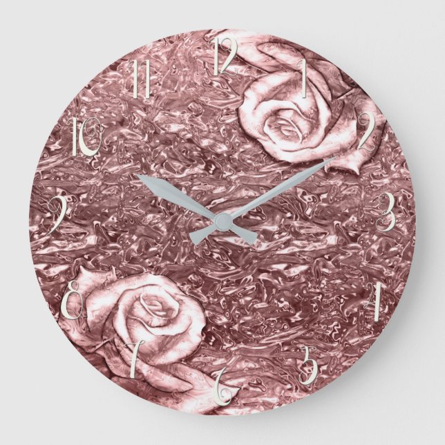 Rose Gold Liquid Chrome Metallic Chic Glam Große Wanduhr (Vorderseite)