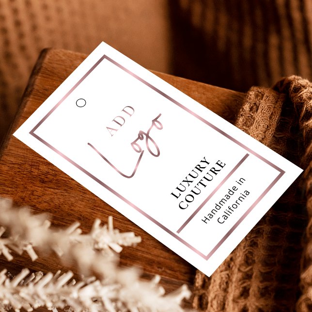 Rose Gold Logo Chic Luxe Bekleidungspreis Etikett (Elegant rose gold effect hang tags with space for your logo and custom text)