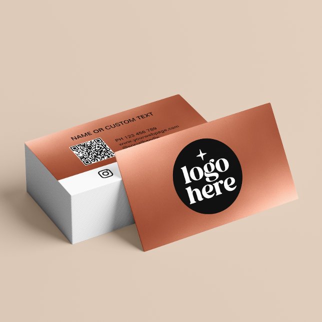 Rose Gold Logo QR Code Social Media Visitenkarte (Customize with your logo, social media icons, QR code and contact info. Choose corner style and size)