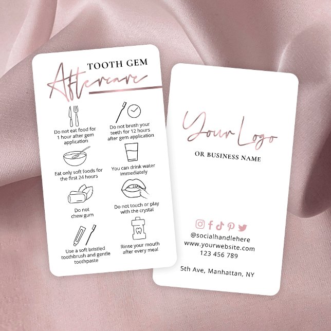 Rose Gold Logo Zähne Kristalle nach der Pflege Zah Visitenkarte (Rose gold effect dental treatment aftercare cards for tooth gems)