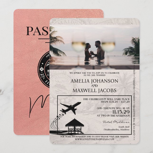 Rose Gold Maldives Pass Einladung Hochzeit (Vorne/Hinten)