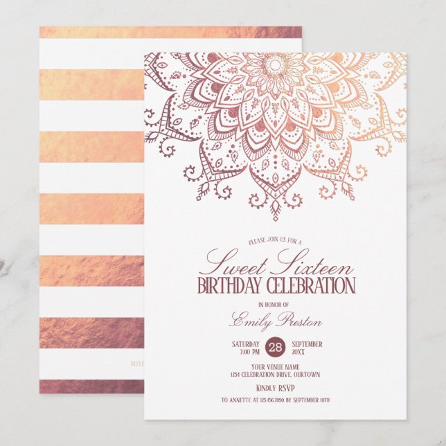 Rose Gold Mandala Sweet 16 Party Einladung (Vorne/Hinten)