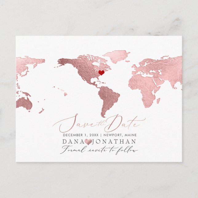 Rose Gold Map, jedes Ziel Save the Date Postkarte (Vorderseite)