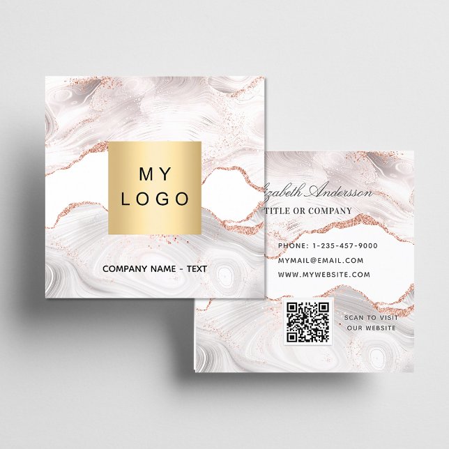Rose gold marble agate logo QR elegant Quadratische Visitenkarte (Von Creator hochgeladen)