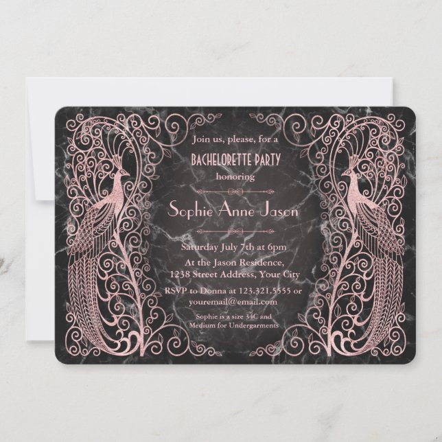Rose Gold Marble Art Deco Bachelorette Party Einladung (Vorderseite)