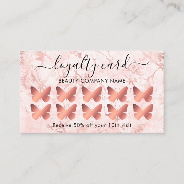 Rose Gold Marble Butterfly Treuekarte Visitenkarte (Vorderseite)