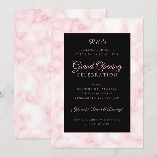Rose Gold Marble Corporate Grand Opening Black  Einladung (Vorne/Hinten)