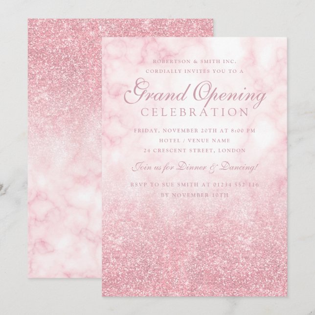 Rose Gold Marble Glitzer Corporate Grand Opening  Einladung (Vorne/Hinten)