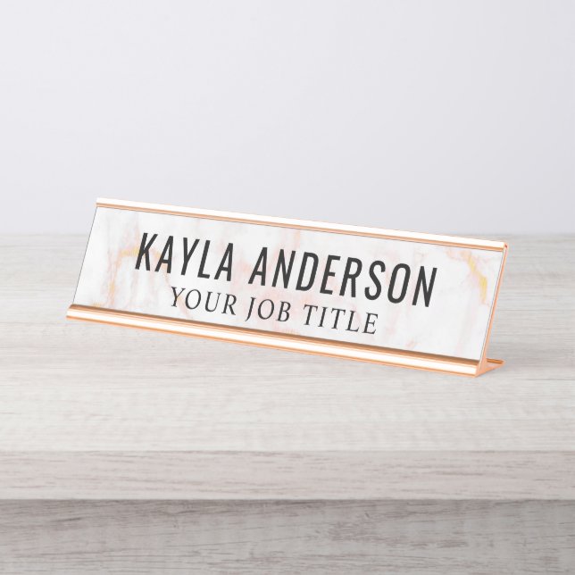 Rose Gold Marble Moderner Büroangestellter Schreibtischnamensplakette (Vorderseite )