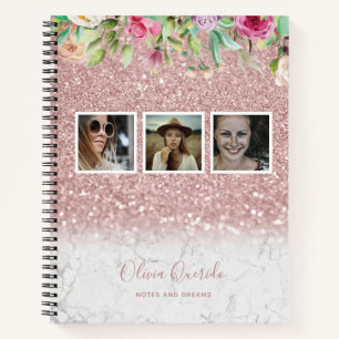 Rose Gold Marmor Glitzer Blumenname FotoCollage Notizbuch