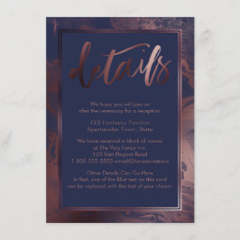 Rose Gold Marmor Hochzeitsdetails über Navy Blue Begleitkarte