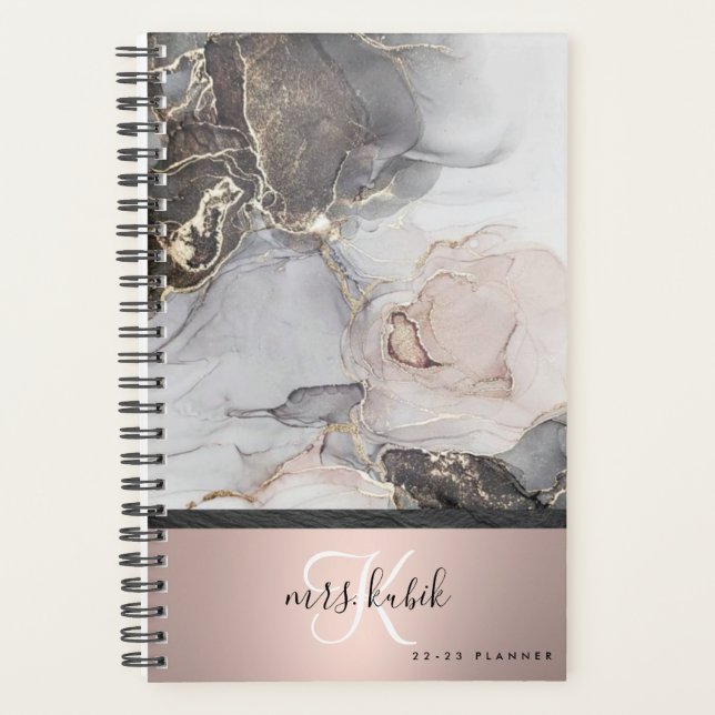 Rose Gold & Marmor Monogram Lehrer Planner Planer (Vorderseite)