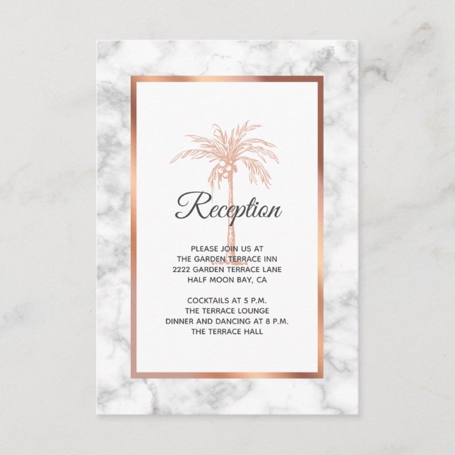 Rose Gold Marmor Palm Tree Hochzeitsempfang Begleitkarte (Vorderseite)