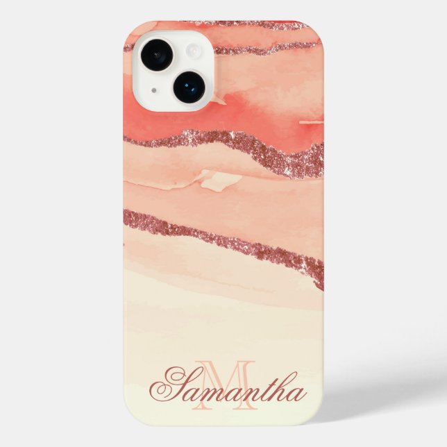 Rose Gold Marmor und Glitzer iPhone 14 Plus Hülle (Rückseite)