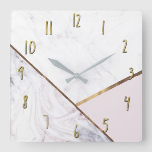 Rose Gold Marmor Wirbel & Blassrosa Bronze Glamour Quadratische Wanduhr