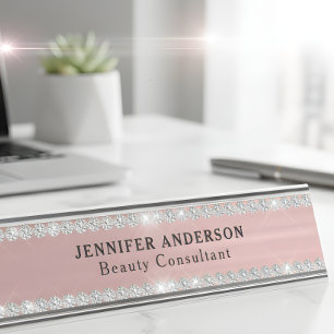 Rose-Gold-Metall und Glitzer-Diamant Schreibtischnamensplakette