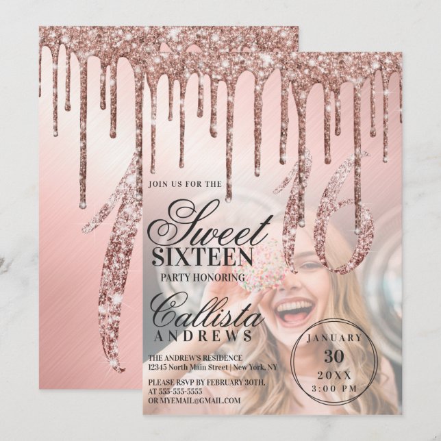 Rose Gold Metallic Glitzer Tropfen Foto Sweet 16 Einladung (Vorne/Hinten)