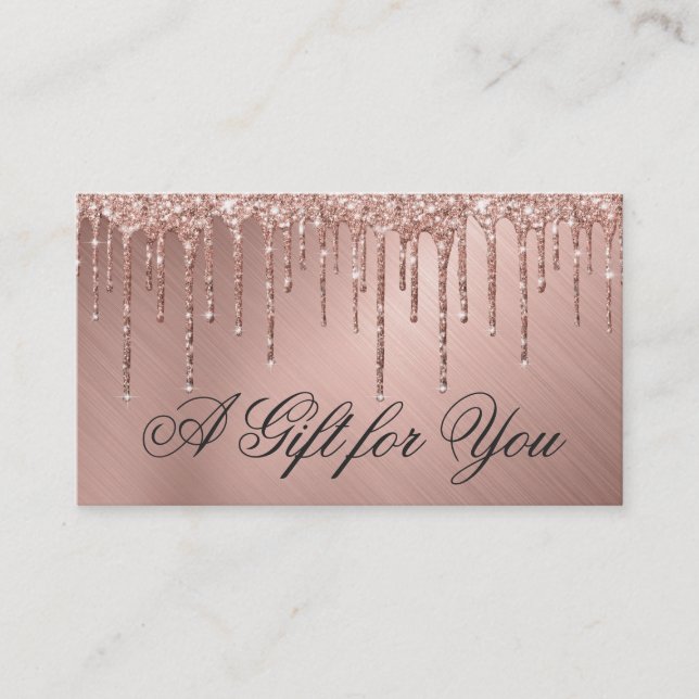 Rose Gold Metallic Glitzer Tropfen Geschenkgutsche Visitenkarte (Vorderseite)