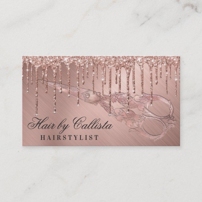Rose Gold Metallic Glitzer Tropfen Haarschere Visitenkarte (Vorderseite)