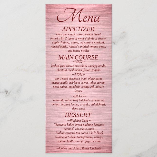 Rose Gold Metallic Hochzeitsempfang Menükarte (Vorderseite)