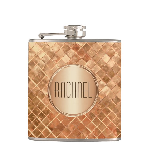 Rose Gold Metallic-Look Monogramm Flachmann (Vorderseite)