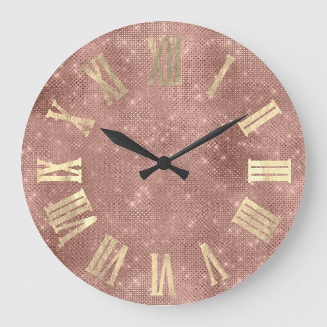 Rose Gold Metallic Minimal römische Zahlen blau Große Wanduhr (Vorderseite)