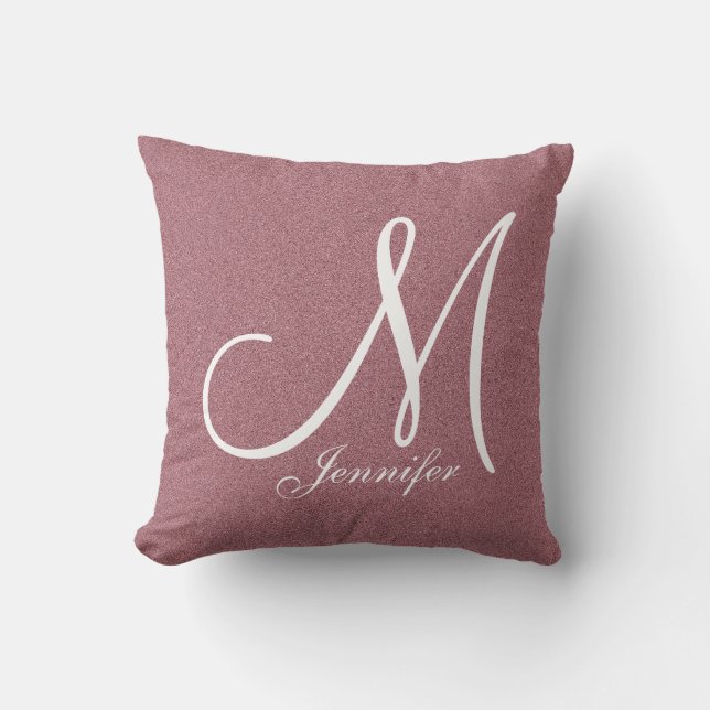 Rose Gold metallischer Glitzer, weiß Monogramm Kissen (Vorderseite)
