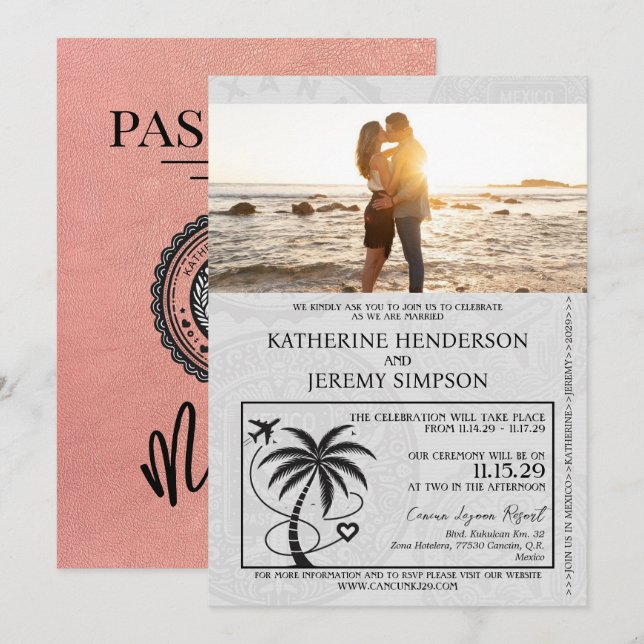 Rose Gold Mexico Passport Hochzeit Einladung (Vorne/Hinten)