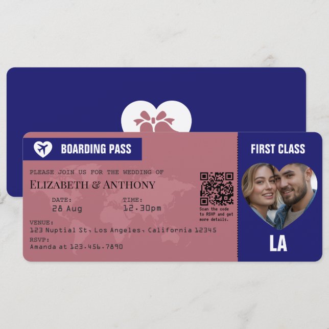 Rose Gold & Midnight Blue Boarding Pass Wedding Einladung (Vorne/Hinten)