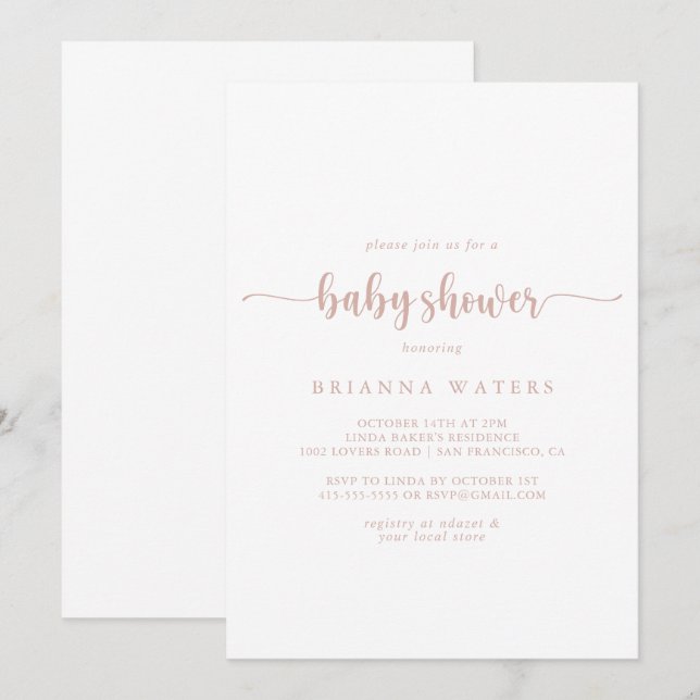 Rose Gold Minimalistisch Calligraphy Baby Shoower Einladung (Vorne/Hinten)