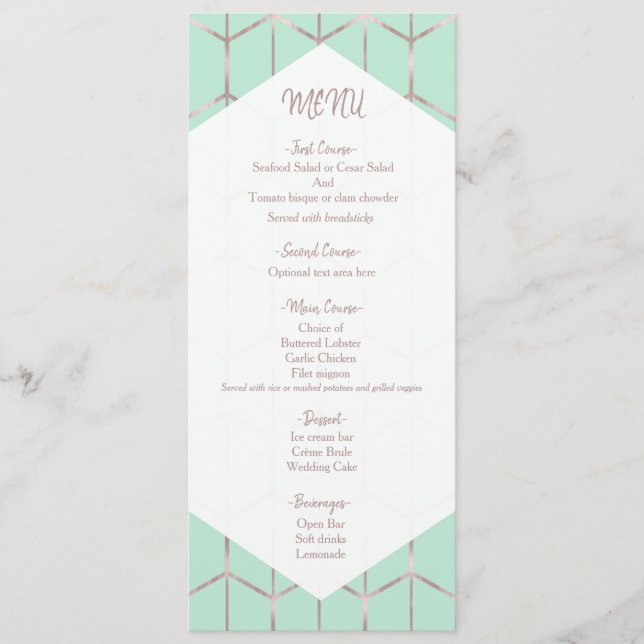 Rose Gold Mint Green Chic Geometric Wedding Menu Menükarte (Vorderseite)