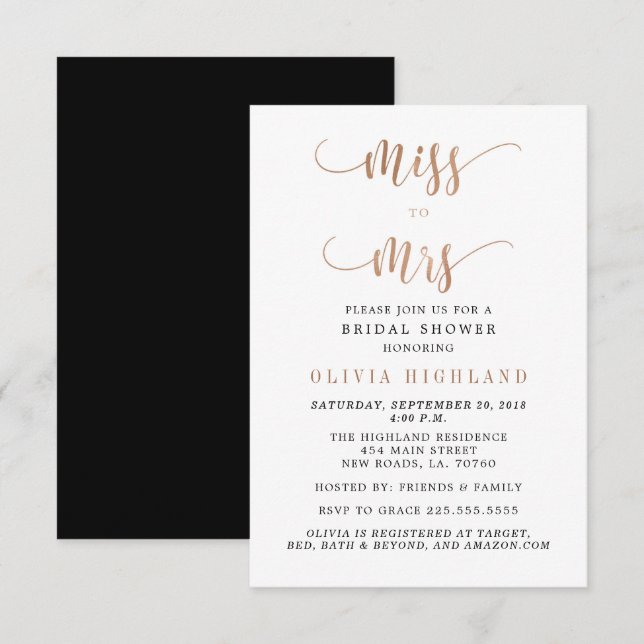 Rose Gold Miss zu Mrs Bridal Shower Einladungen (Vorne/Hinten)