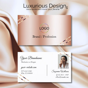 Rose Gold mit schimmernden Linien Logo und Foto Visitenkarte