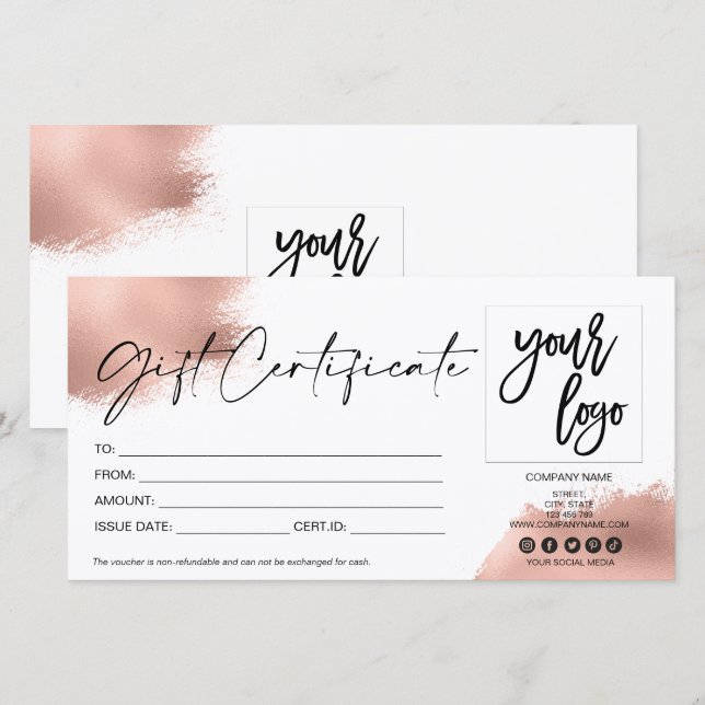 Rose Gold Moderne Geschenkgutschrift Logo hinzufüg (Vorne/Hinten)