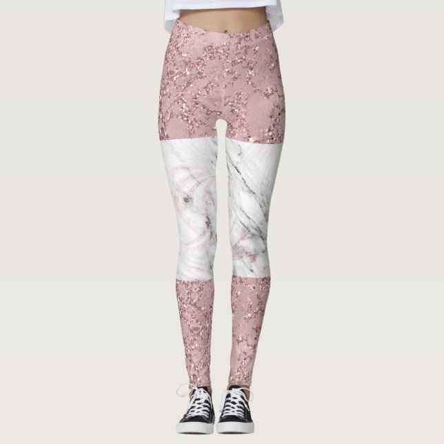 Rose Gold Moderne Glam Marmor & Glitzer Dekorativ Leggings (Vorderseite)