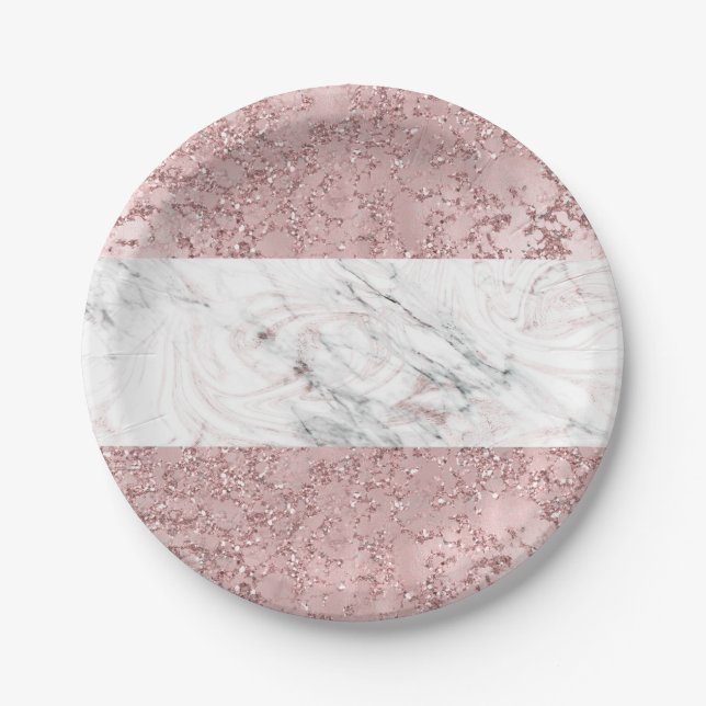 Rose Gold Moderne Glam Marmor & Glitzer Dekorativ Pappteller (Vorderseite)