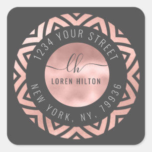 Rose Gold Moderne Kreis Monogramm Rücksendeadresse Quadratischer Aufkleber