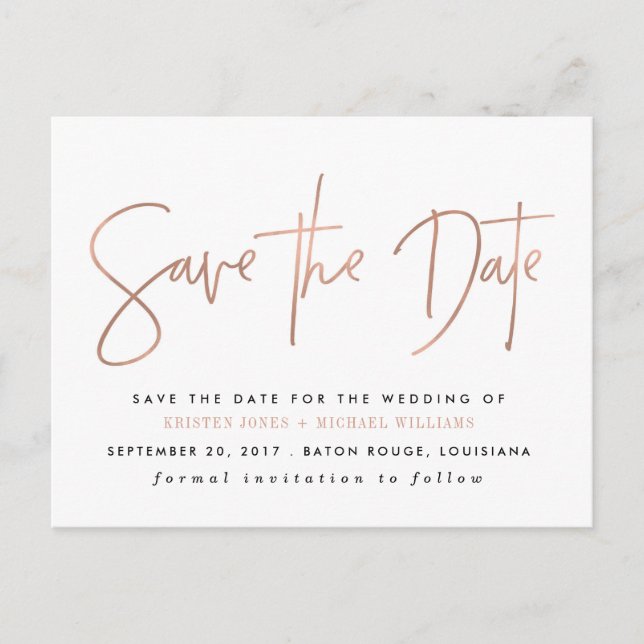 Rose Gold Moderne Save the Date Ankündigungspostkarte (Vorderseite)