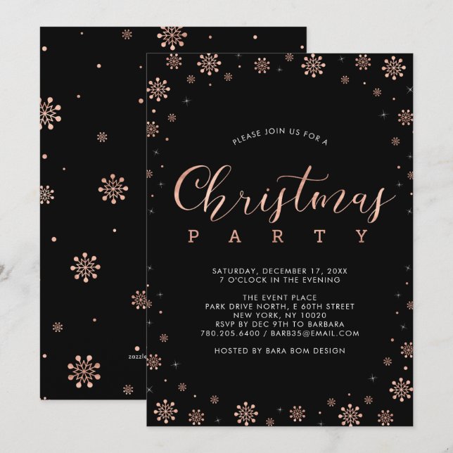 Rose Gold | Moderne Schneeflocken Weihnachten Part Einladung (Vorne/Hinten)