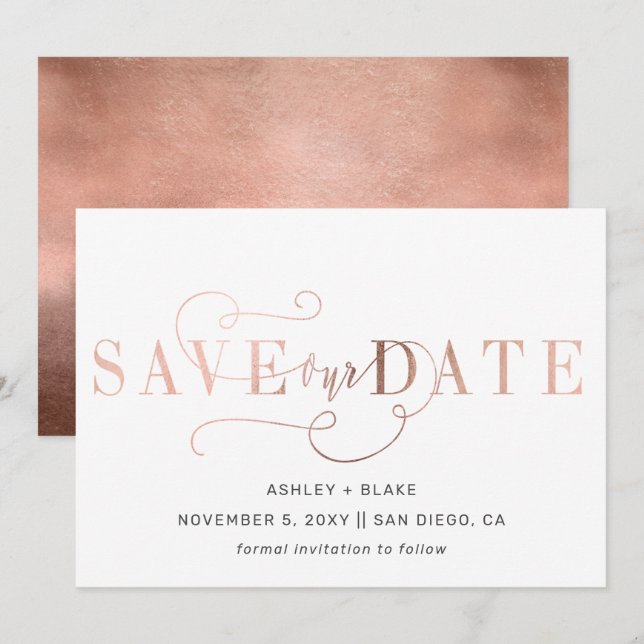 Rose Gold Moderne, stilvolle handgeschriebene Kall Save The Date (Vorne/Hinten)