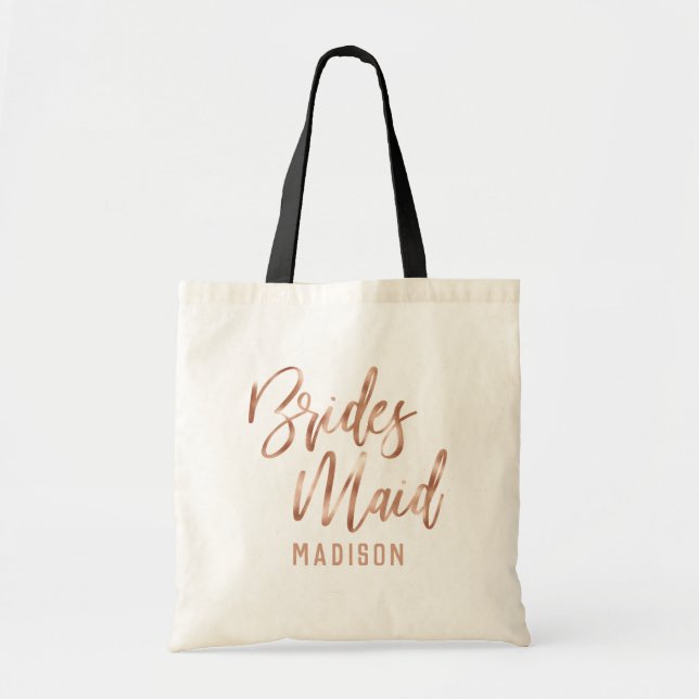 Rose Gold Moderne Typografie Hochzeit Bridesmaid Tragetasche (Vorne)