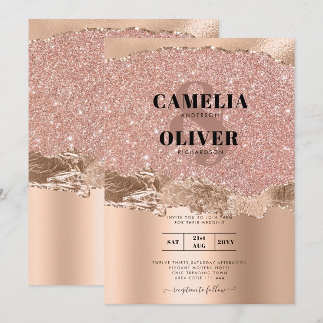 Rose Gold Moderner Glamour Hochzeitsempfang Einladung (Vorne/Hinten)