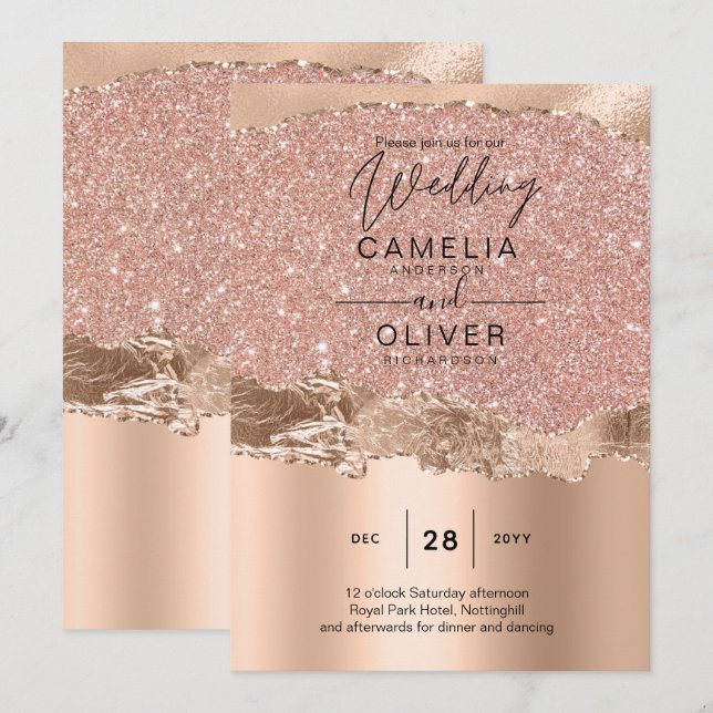 Rose Gold Moderner Glamour Hochzeitsempfang Einladung (Vorne/Hinten)