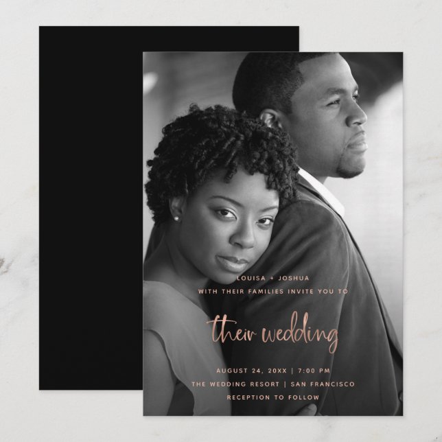 Rose Gold Modernes Drehbuch mit Foto| Hochzeit Einladung (Vorne/Hinten)