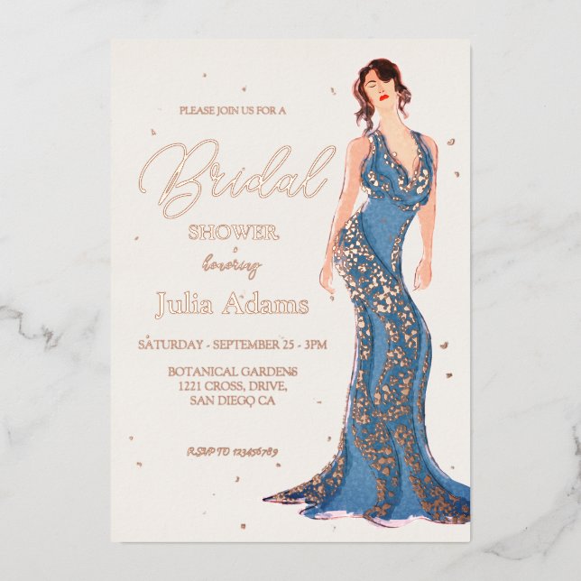 Rose Gold Modernes Hochzeitskleid Brautparty Folieneinladung (Vorderseite)