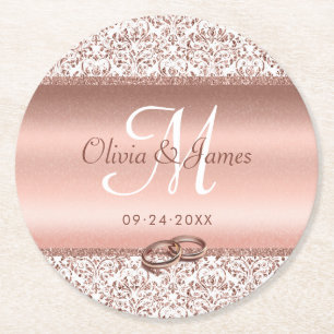 Rose Gold Monogram Elegante Hochzeit Runder Pappuntersetzer