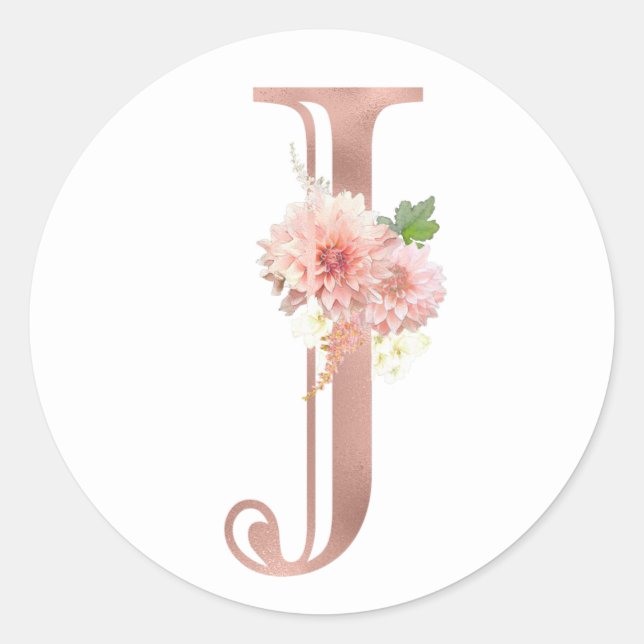 Rose Gold Monogram Letter J Rosa Blume Foil Runder Aufkleber (Vorderseite)