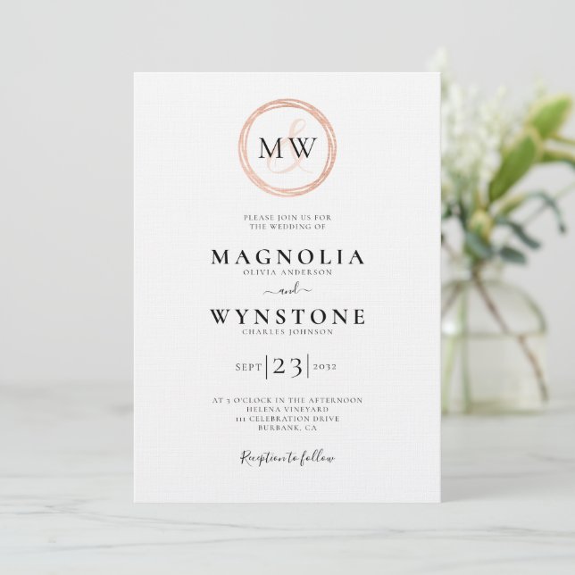 Rose Gold Monogram Linen Luxury Wedding Einladung (Stehend Vorderseite)