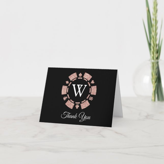 Rose Gold Monogram Poker Chip Casino Hochzeit Dankeskarte (Vorderseite)