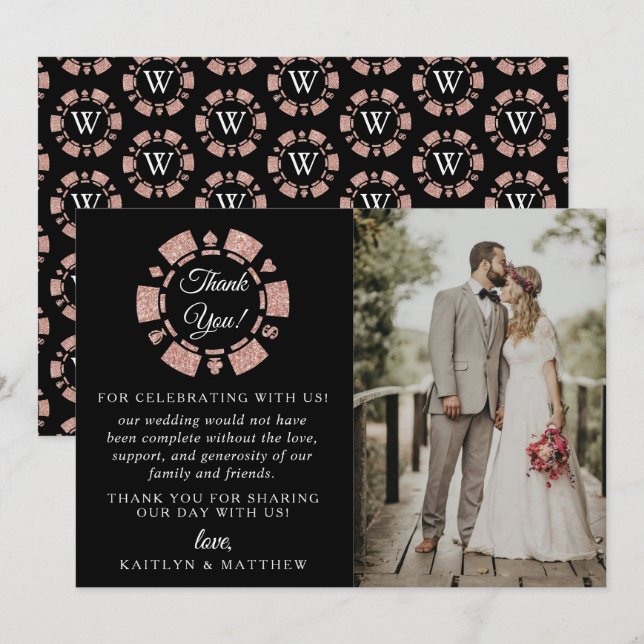 Rose Gold Monogram Poker Chip Casino Hochzeit Dankeskarte (Vorne/Hinten)